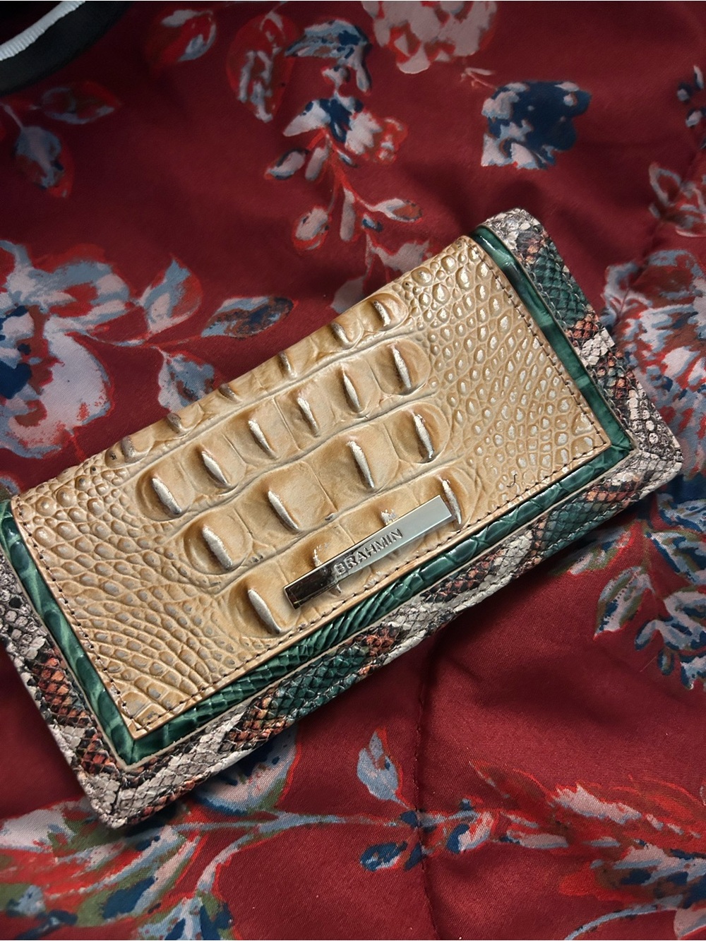 Brahmin Tan Croc-Embossed Continental Wallet with Green Trim